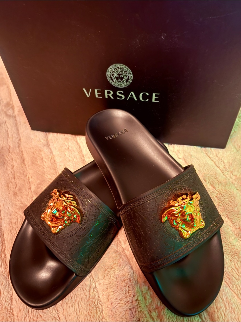 Versace Black Slides with Gold Iridescent Medusa Emblems